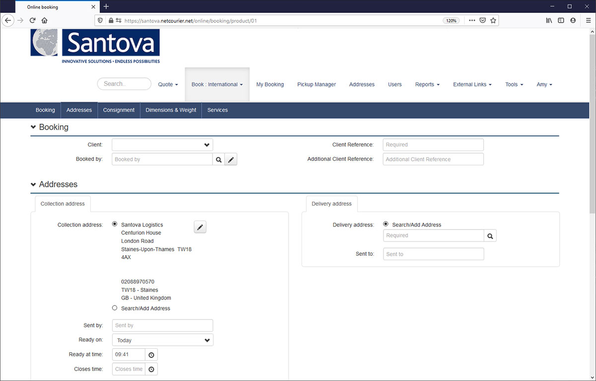 Screenshot of Santova online courier booking platform