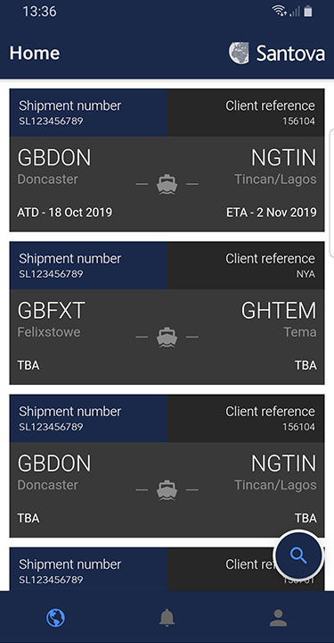 Santova Logistics mobile app showing customers current shipments