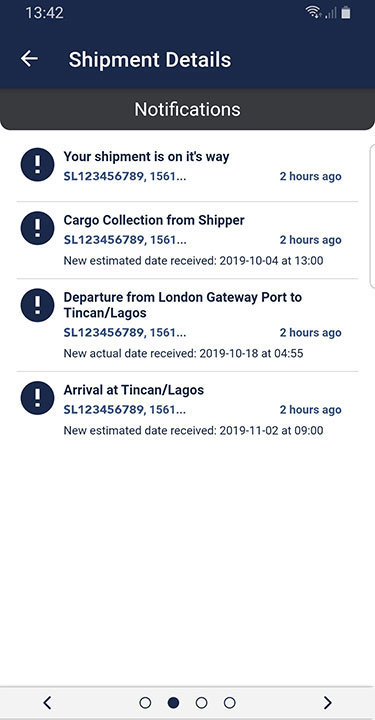 Santova Logistics mobile app showing shipment tracking steps