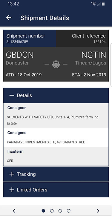 Santova Logistics mobile app showing Consignor, Consignee and Incoterm